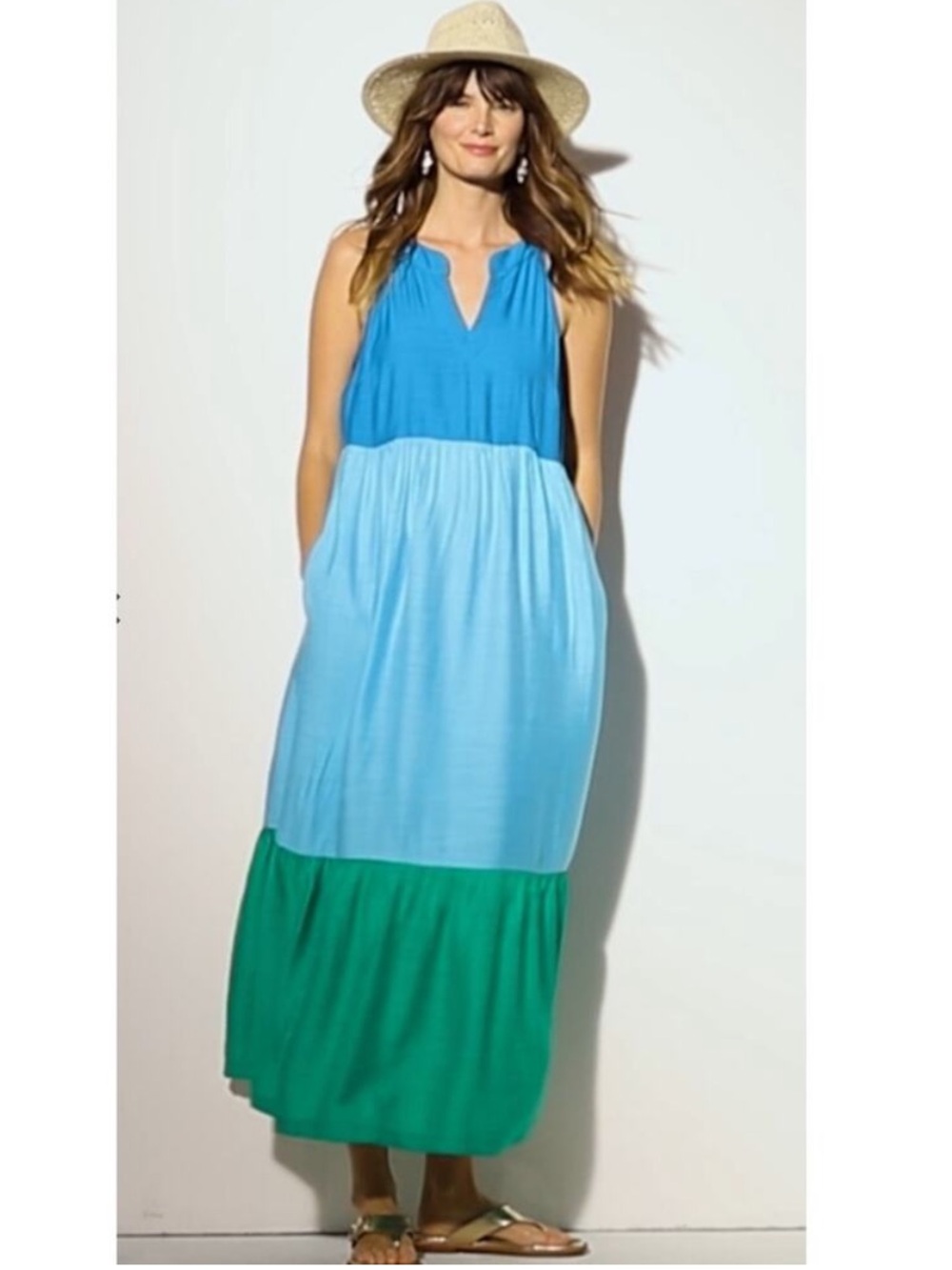 J Jill Tiered Maxi Dress Womens Size XL P Blue Green Sleeveless Pockets Flowy